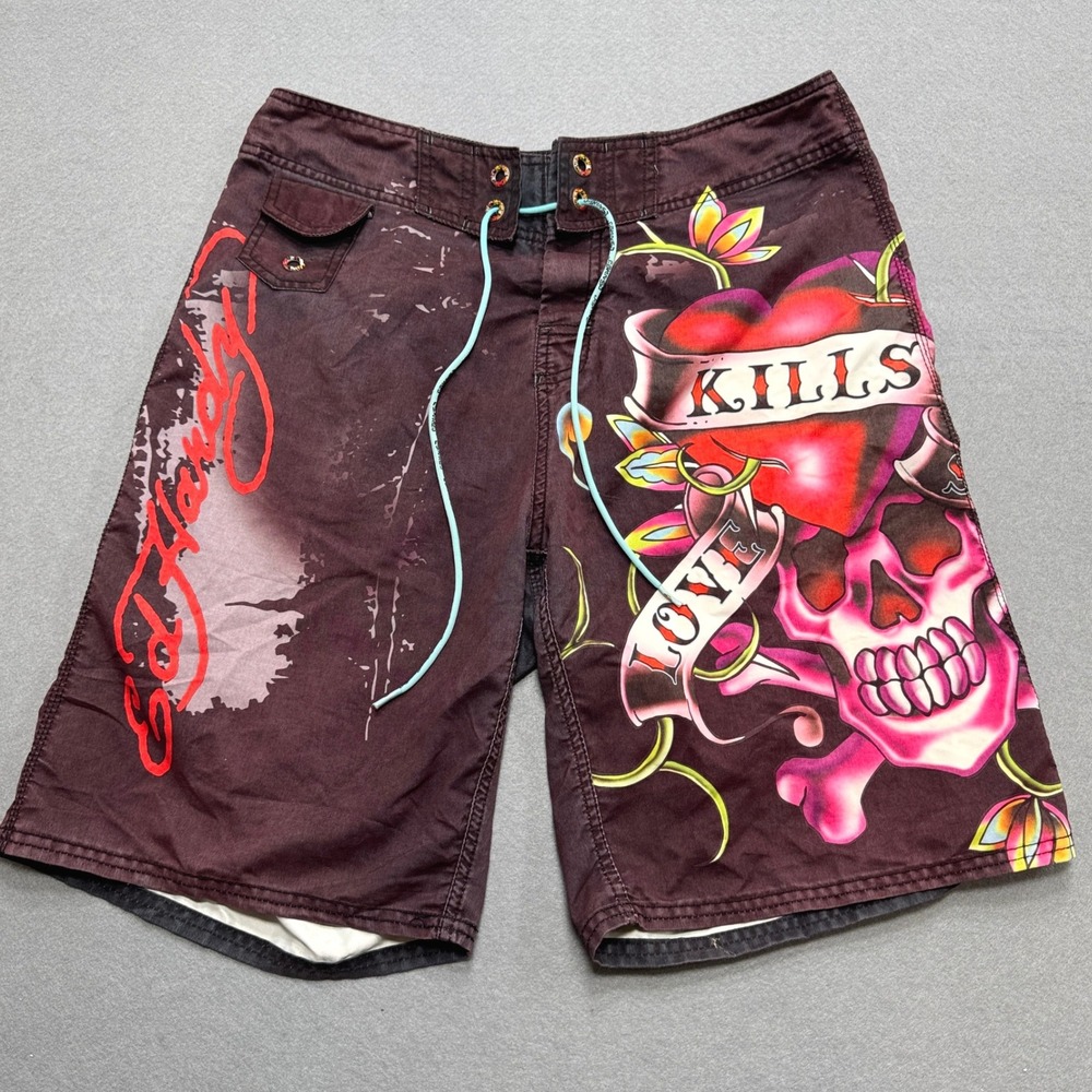 Ed Hardy Board Shorts Men's 34 Brown Love Kills Slowly Skull Tattoo Swim Trunks